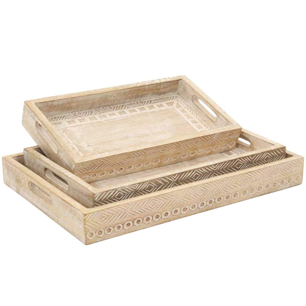 Set of Three White Rectangular Solid Wood Handmade Serving Tray With Handles HomeRoots