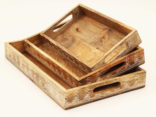 Set of Three Natural Rectangular Solid Wood Floral Handmade Serving Tray With Handles