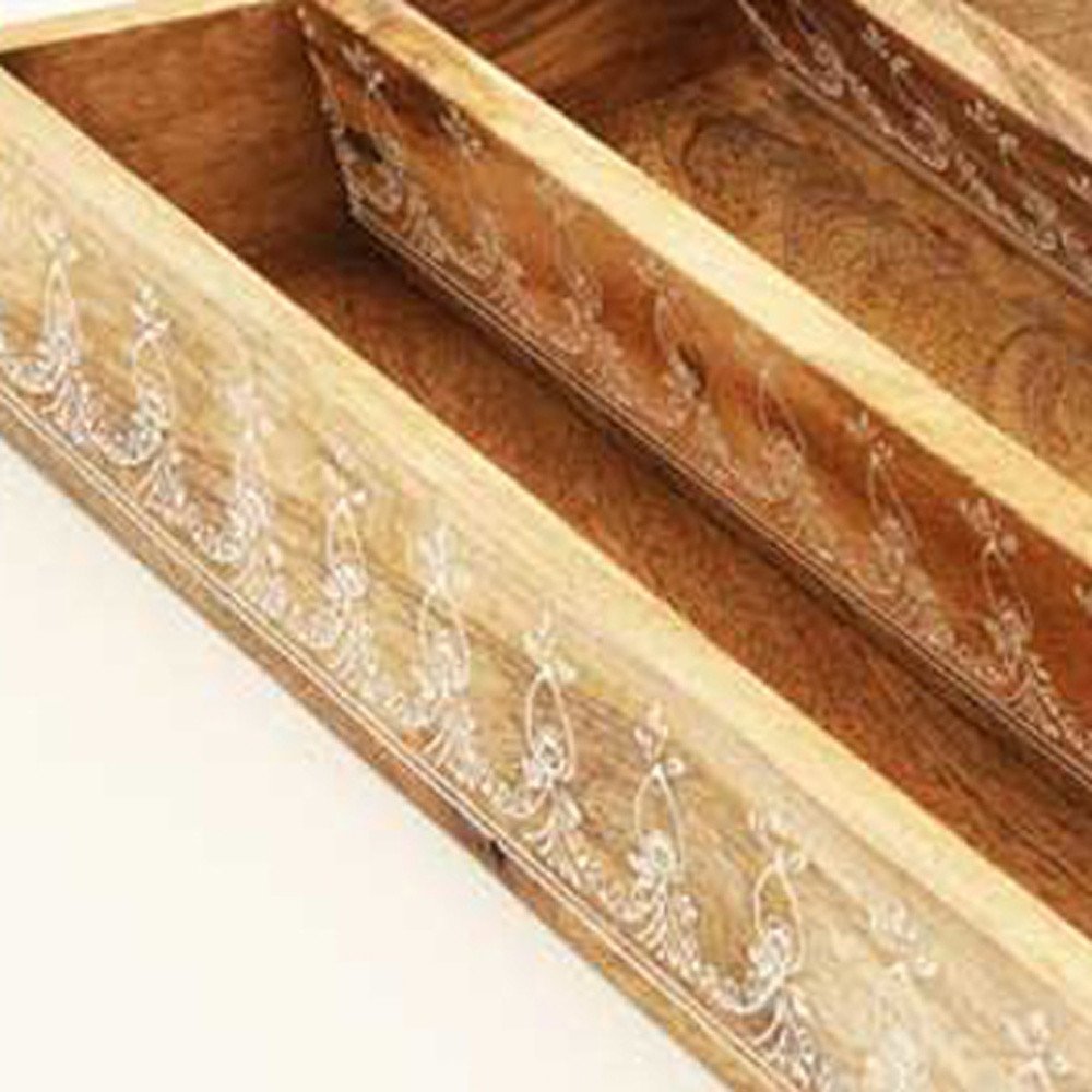 Set of Three Natural Rectangular Solid Wood Floral Handmade Serving Tray With Handles HomeRoots