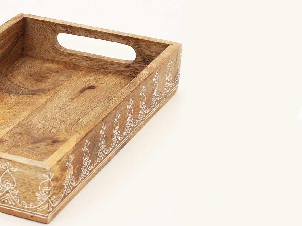 Set of Three Natural Rectangular Solid Wood Floral Handmade Serving Tray With Handles HomeRoots