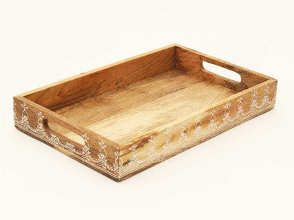 Set of Three Natural Rectangular Solid Wood Floral Handmade Serving Tray With Handles HomeRoots