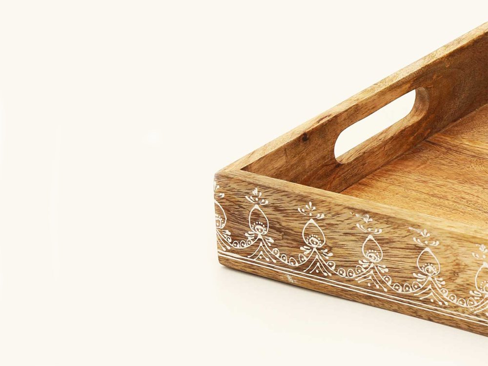 Set of Three Natural Rectangular Solid Wood Floral Handmade Serving Tray With Handles HomeRoots