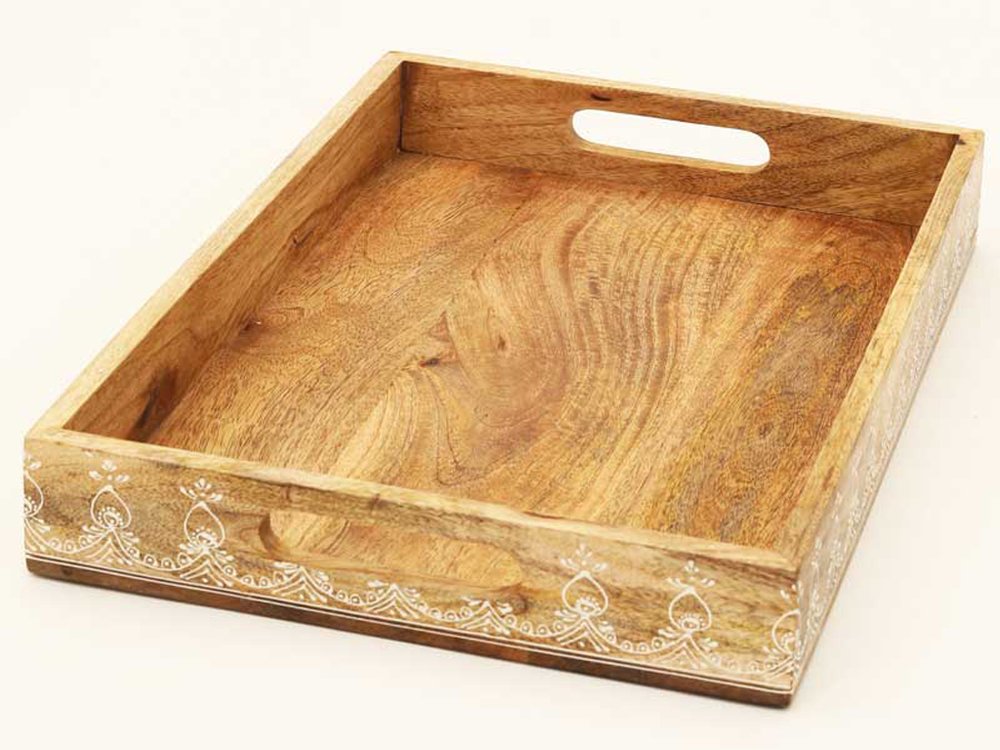 Set of Three Natural Rectangular Solid Wood Floral Handmade Serving Tray With Handles HomeRoots