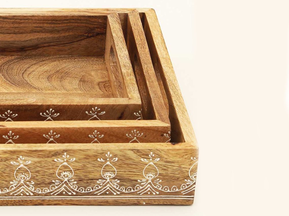 Set of Three Natural Rectangular Solid Wood Floral Handmade Serving Tray With Handles HomeRoots