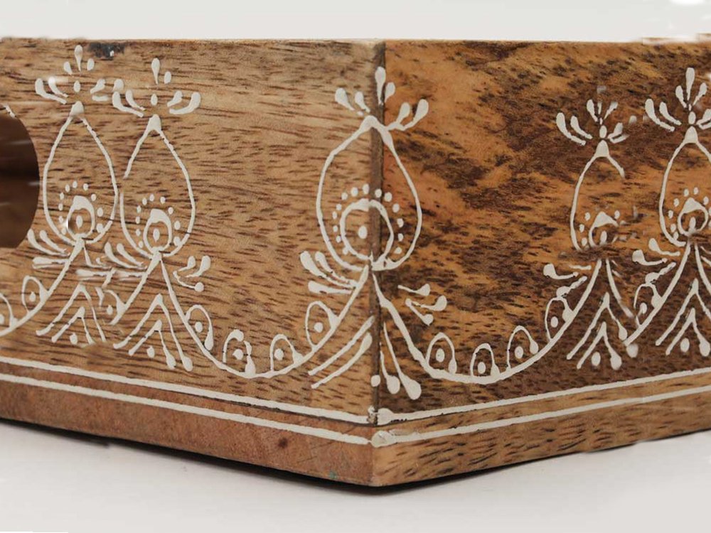 Set of Three Natural Rectangular Solid Wood Floral Handmade Serving Tray With Handles HomeRoots