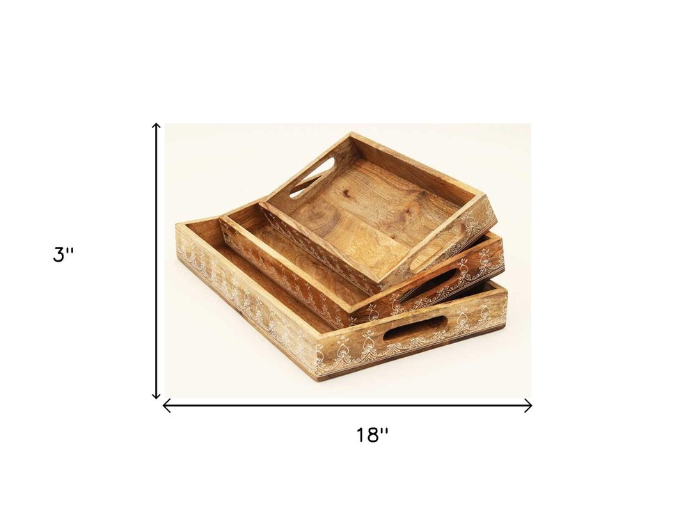 Set of Three Natural Rectangular Solid Wood Floral Handmade Serving Tray With Handles HomeRoots