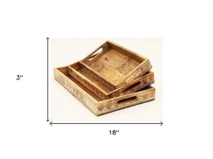 Set of Three Natural Rectangular Solid Wood Floral Handmade Serving Tray With Handles HomeRoots
