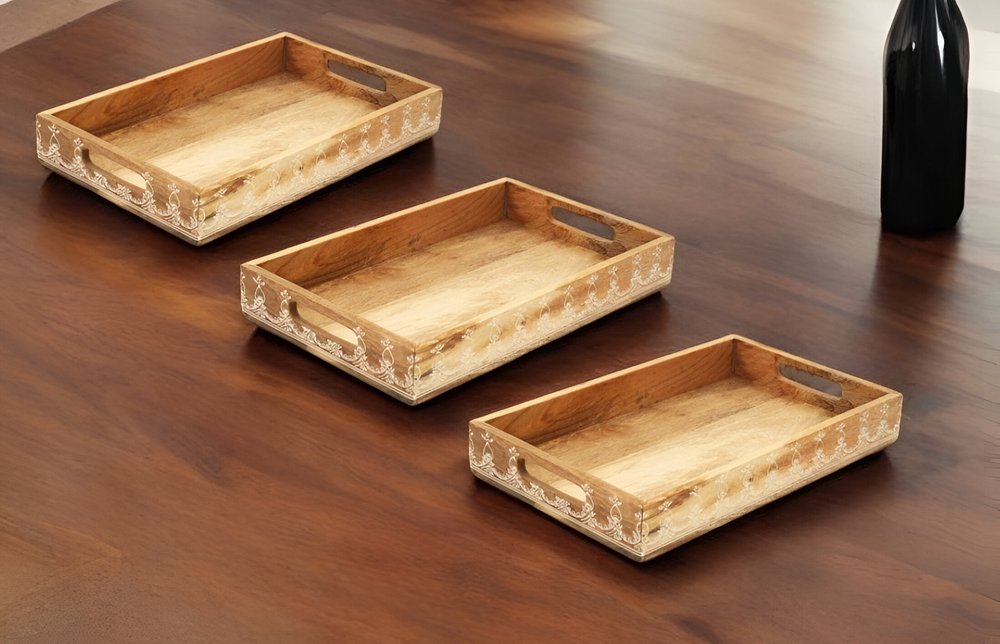 Set of Three Natural Rectangular Solid Wood Floral Handmade Serving Tray With Handles HomeRoots