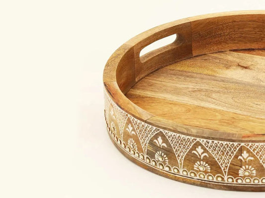 Set of Three Natural Round Solid Wood Floral Indoor Outdoor Handmade Serving Tray With Handles HomeRoots