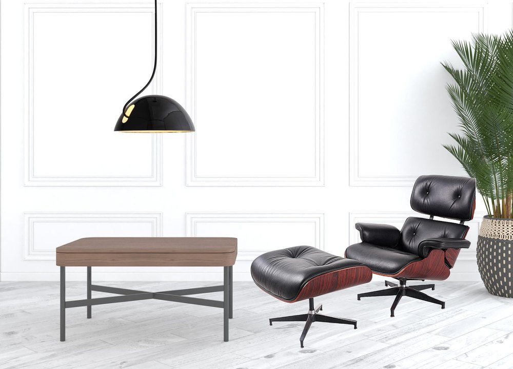 35" Black and Dark Brown Genuine Leather Tufted Swivel Lounge Chair With Ottoman HomeRoots