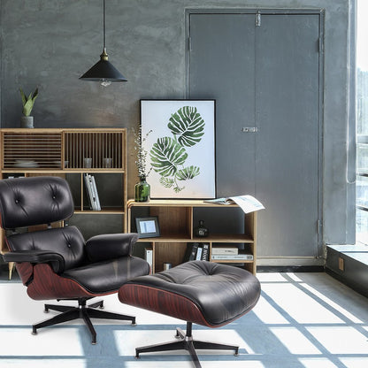 35" Black and Dark Brown Genuine Leather Tufted Swivel Lounge Chair With Ottoman HomeRoots