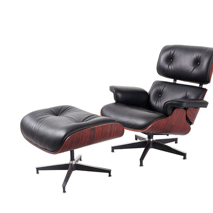 35" Black and Dark Brown Genuine Leather Tufted Swivel Lounge Chair With Ottoman HomeRoots