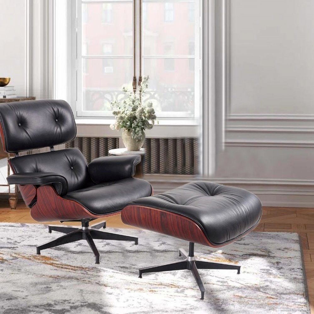 35" Black and Dark Brown Genuine Leather Tufted Swivel Lounge Chair With Ottoman HomeRoots
