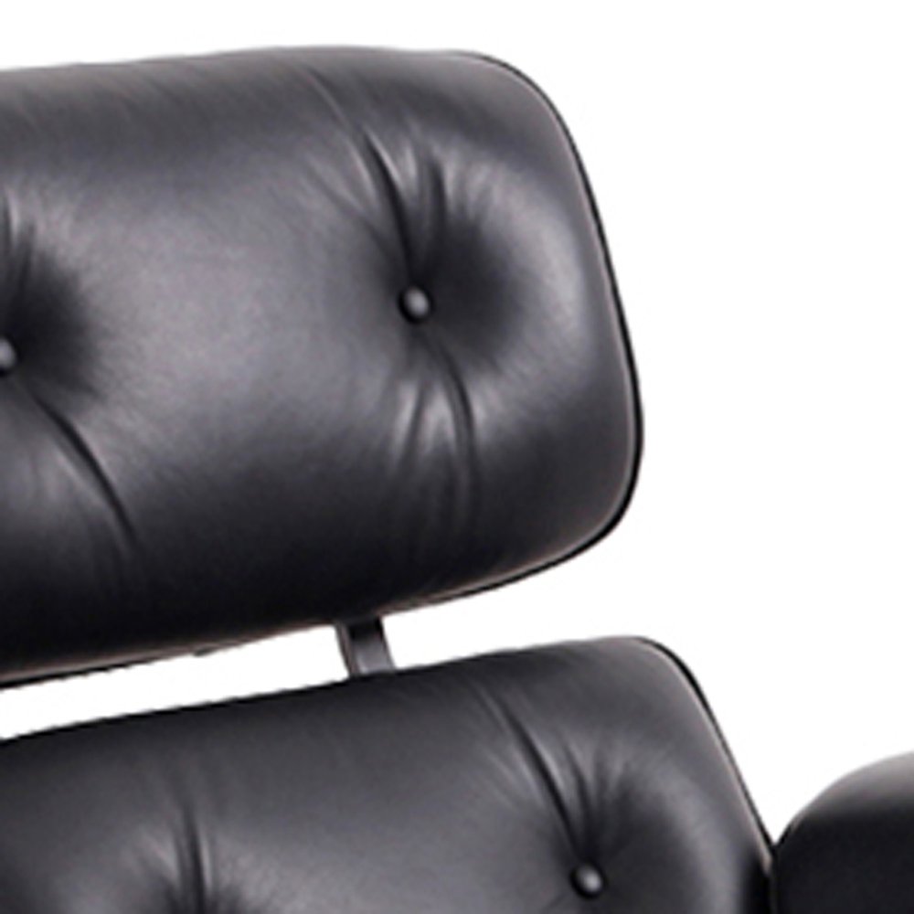 35" Black and Dark Brown Genuine Leather Tufted Swivel Lounge Chair With Ottoman HomeRoots