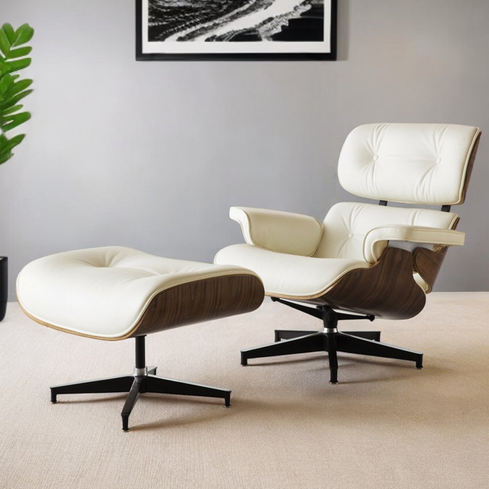 35" Beige and Dark Brown Genuine Leather Tufted Swivel Lounge Chair With Ottoman HomeRoots