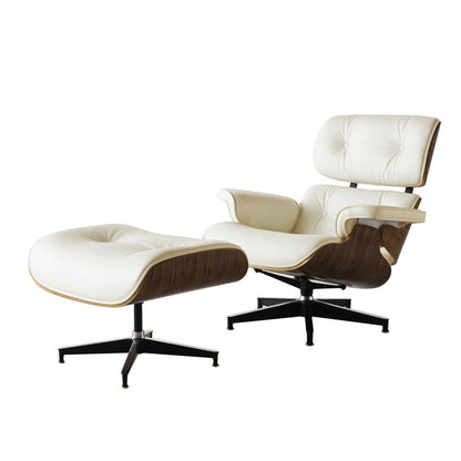 35" Beige and Dark Brown Genuine Leather Tufted Swivel Lounge Chair With Ottoman HomeRoots