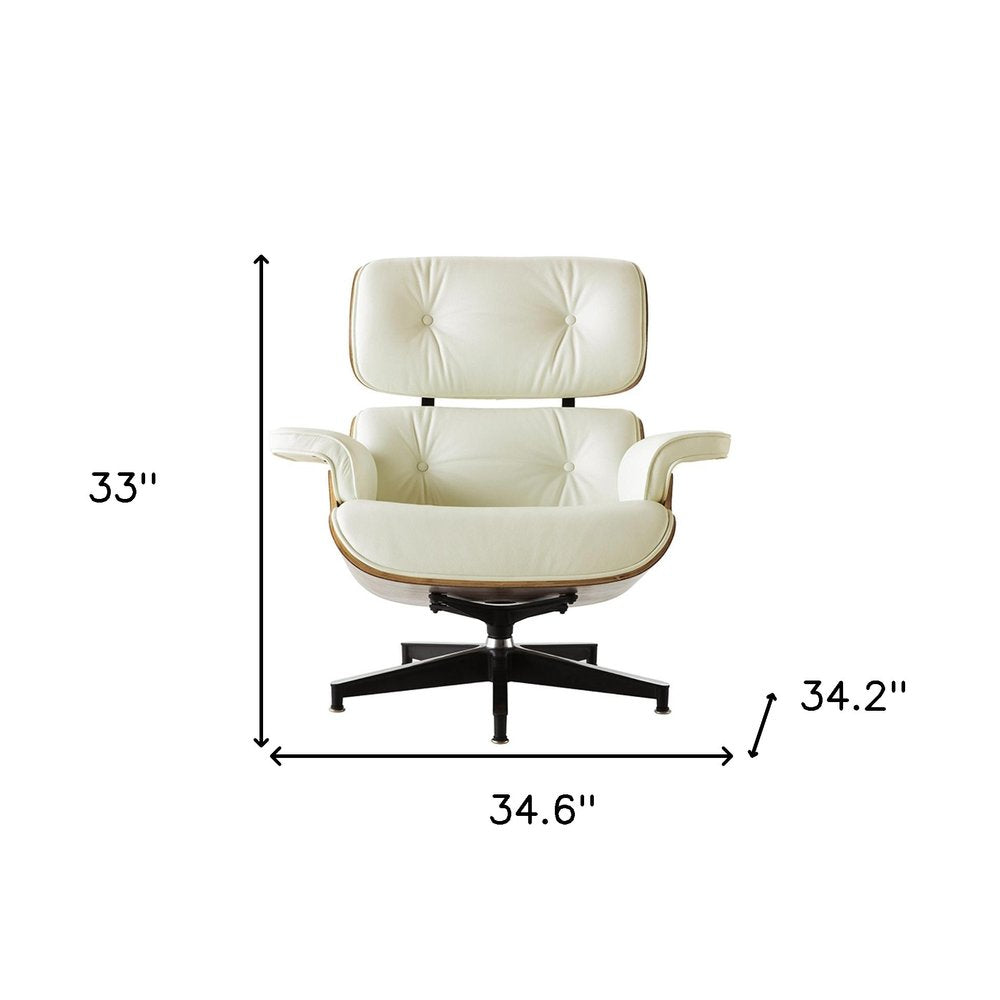 35" Beige and Dark Brown Genuine Leather Tufted Swivel Lounge Chair With Ottoman HomeRoots