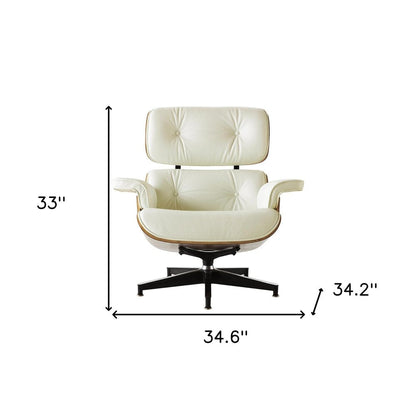35" Beige and Dark Brown Genuine Leather Tufted Swivel Lounge Chair With Ottoman HomeRoots