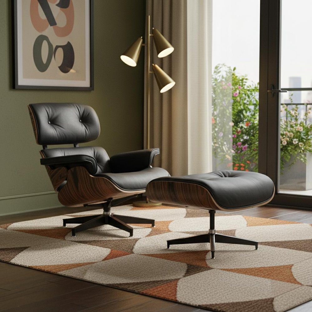 35" Black and Brown Genuine Leather Tufted Swivel Lounge Chair With Ottoman HomeRoots