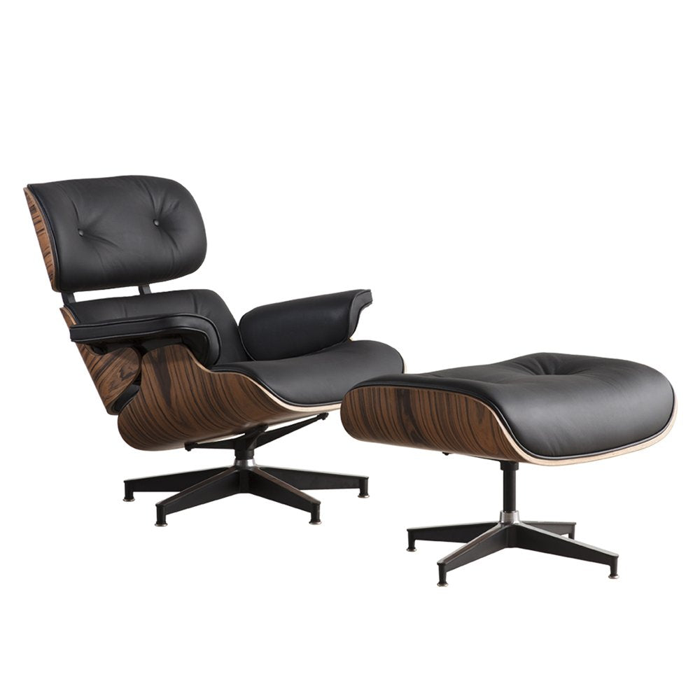 35" Black and Brown Genuine Leather Tufted Swivel Lounge Chair With Ottoman HomeRoots