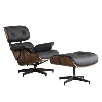 35" Black and Brown Genuine Leather Tufted Swivel Lounge Chair With Ottoman HomeRoots