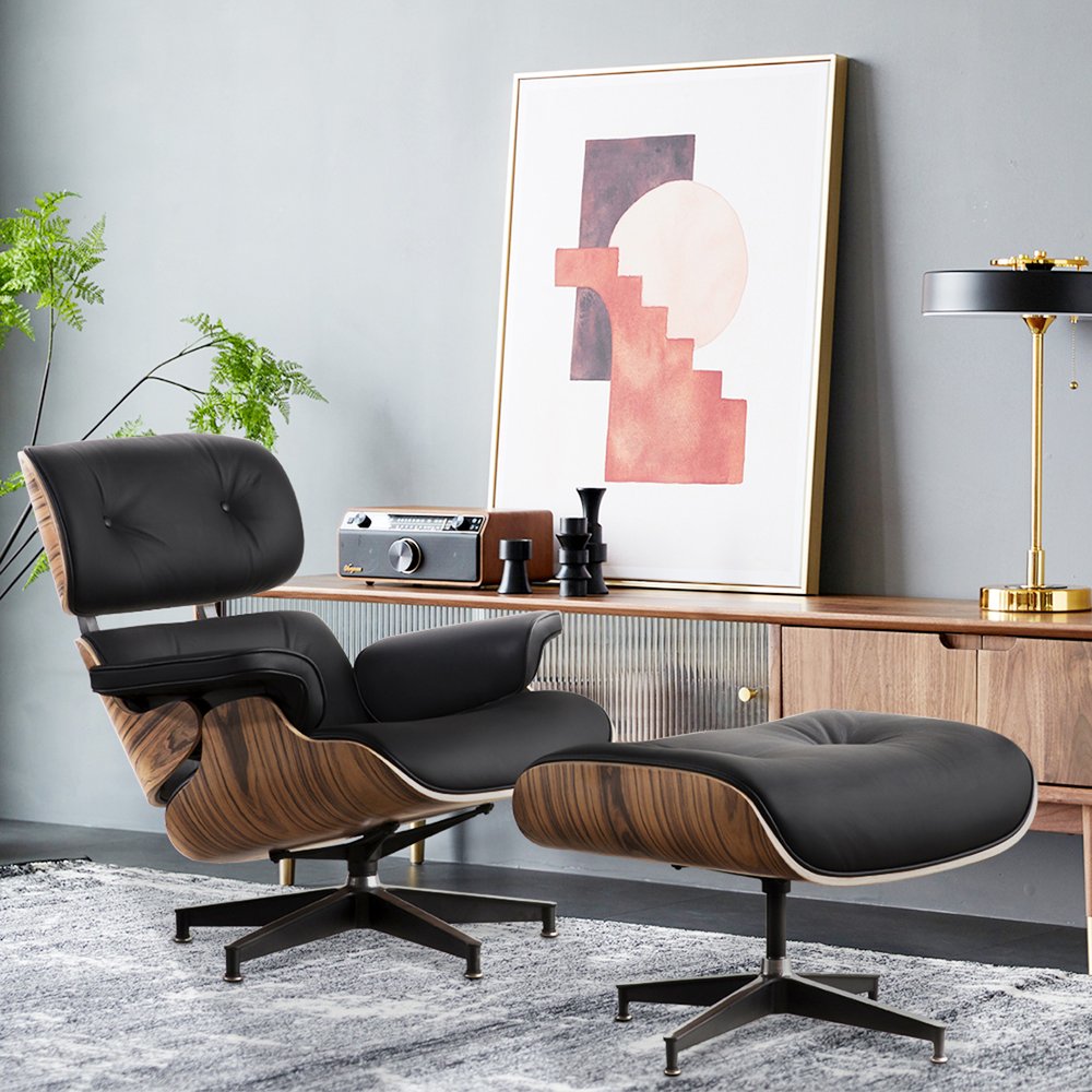 35" Black and Brown Genuine Leather Tufted Swivel Lounge Chair With Ottoman HomeRoots