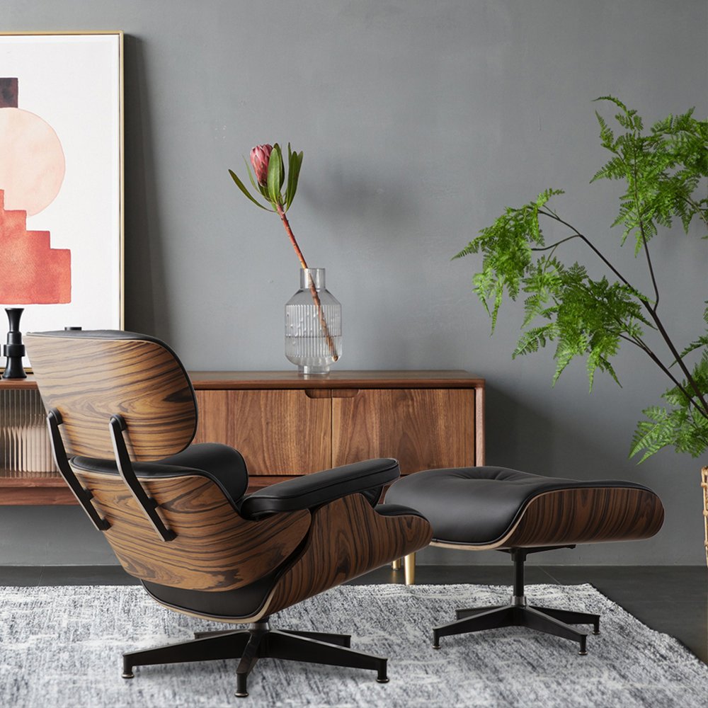 35" Black and Brown Genuine Leather Tufted Swivel Lounge Chair With Ottoman HomeRoots