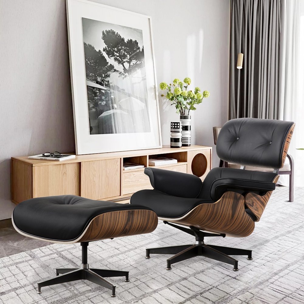 35" Black and Brown Genuine Leather Tufted Swivel Lounge Chair With Ottoman HomeRoots