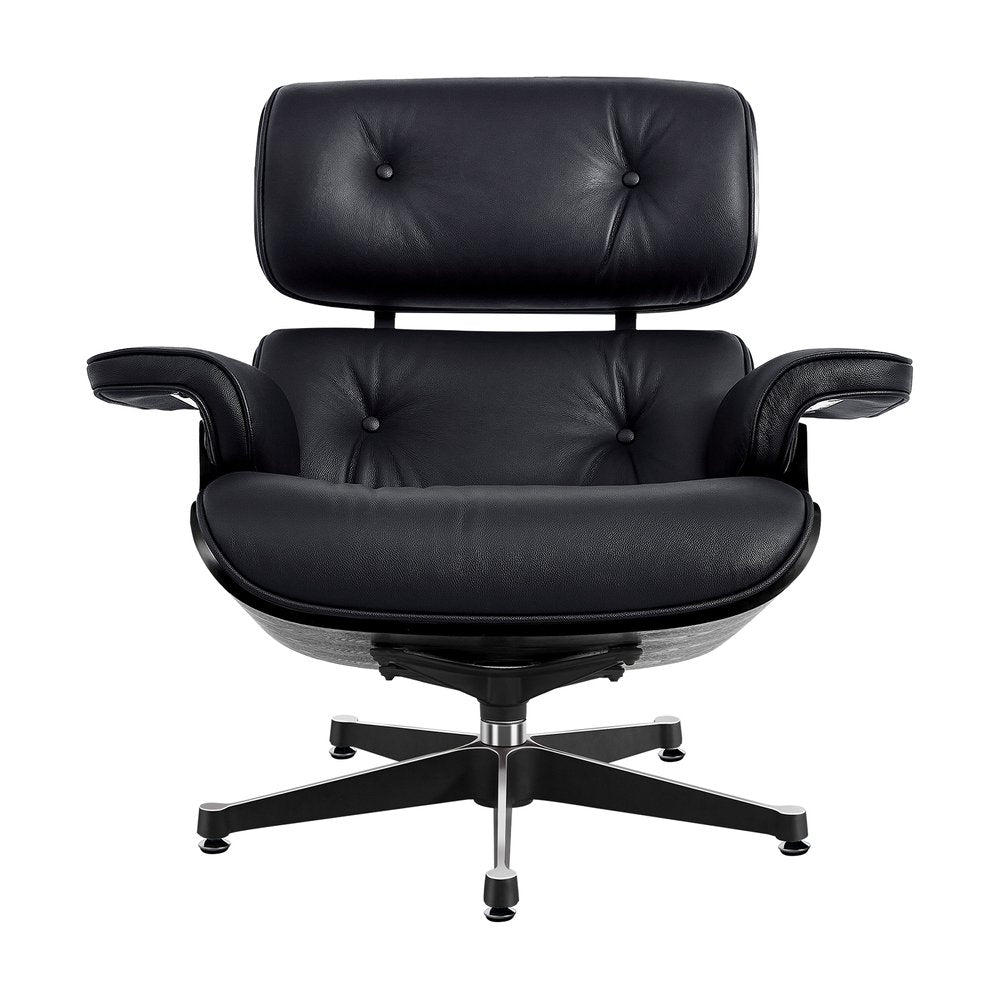 35" Black Genuine Leather Tufted Swivel Lounge Chair With Ottoman HomeRoots