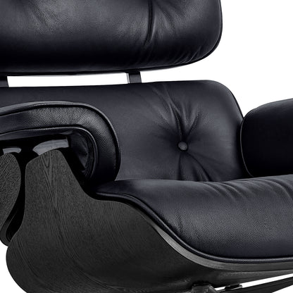 35" Black Tufted Genuine Leather Swivel Lounge Chair with Ottoman