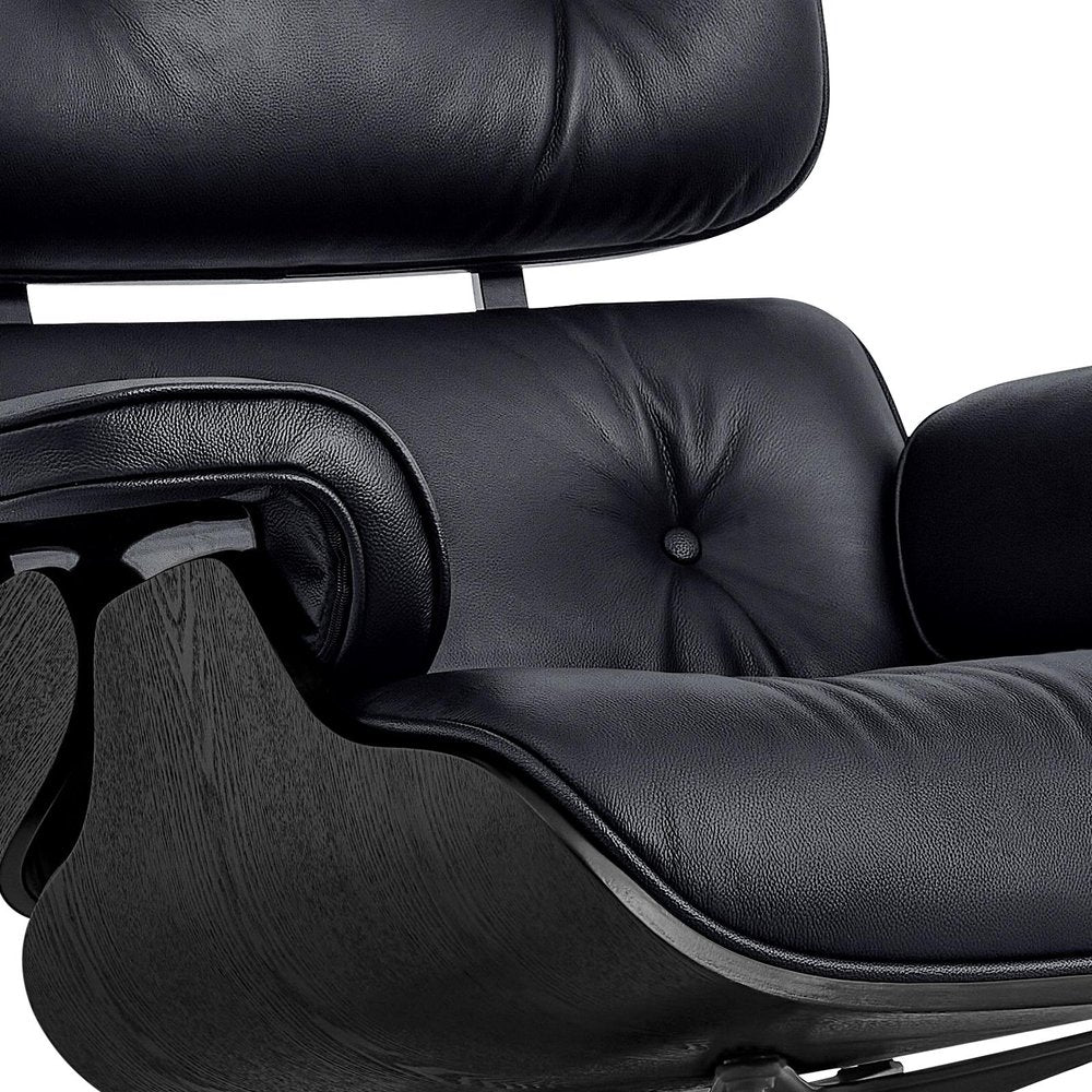 35" Black Genuine Leather Tufted Swivel Lounge Chair With Ottoman HomeRoots