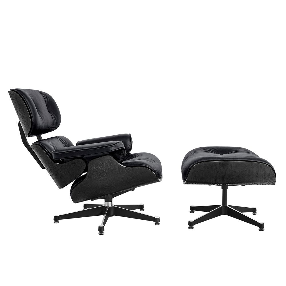 35" Black Genuine Leather Tufted Swivel Lounge Chair With Ottoman HomeRoots