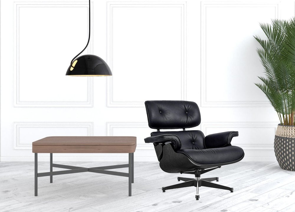 35" Black Genuine Leather Tufted Swivel Lounge Chair With Ottoman HomeRoots