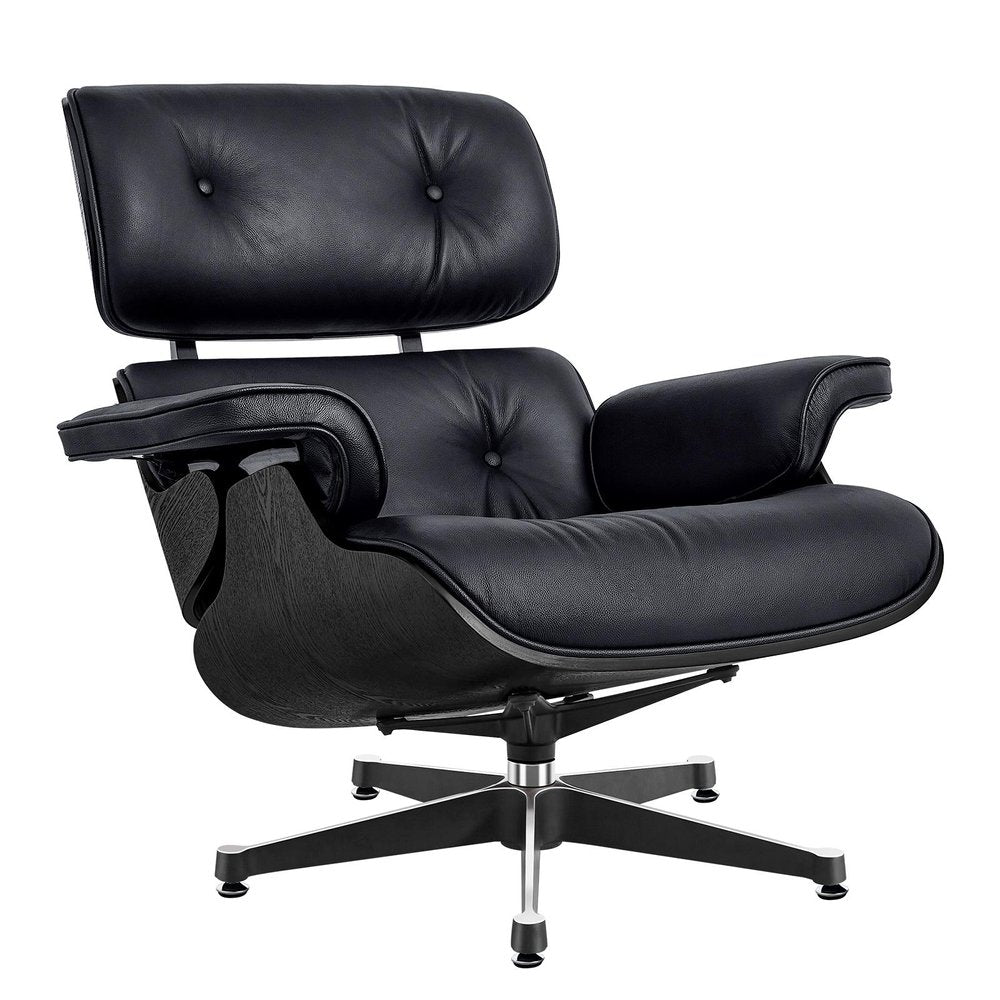 35" Black Genuine Leather Tufted Swivel Lounge Chair With Ottoman HomeRoots