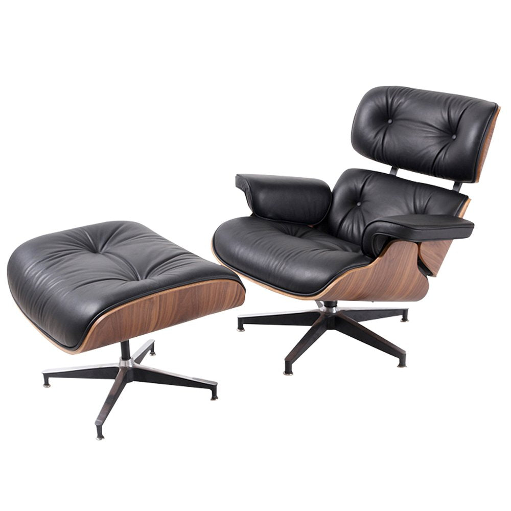 35" Black and Brown Genuine Leather Tufted Swivel Lounge Chair With Ottoman HomeRoots