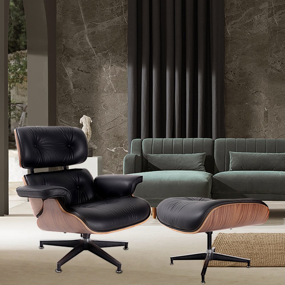 35" Black and Brown Genuine Leather Tufted Swivel Lounge Chair With Ottoman HomeRoots