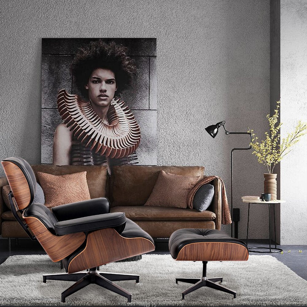 35" Black and Brown Genuine Leather Tufted Swivel Lounge Chair With Ottoman HomeRoots