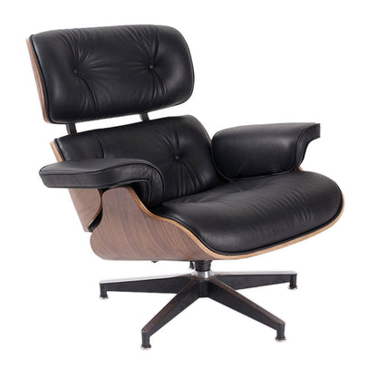 35" Black and Brown Genuine Leather Tufted Swivel Lounge Chair With Ottoman HomeRoots