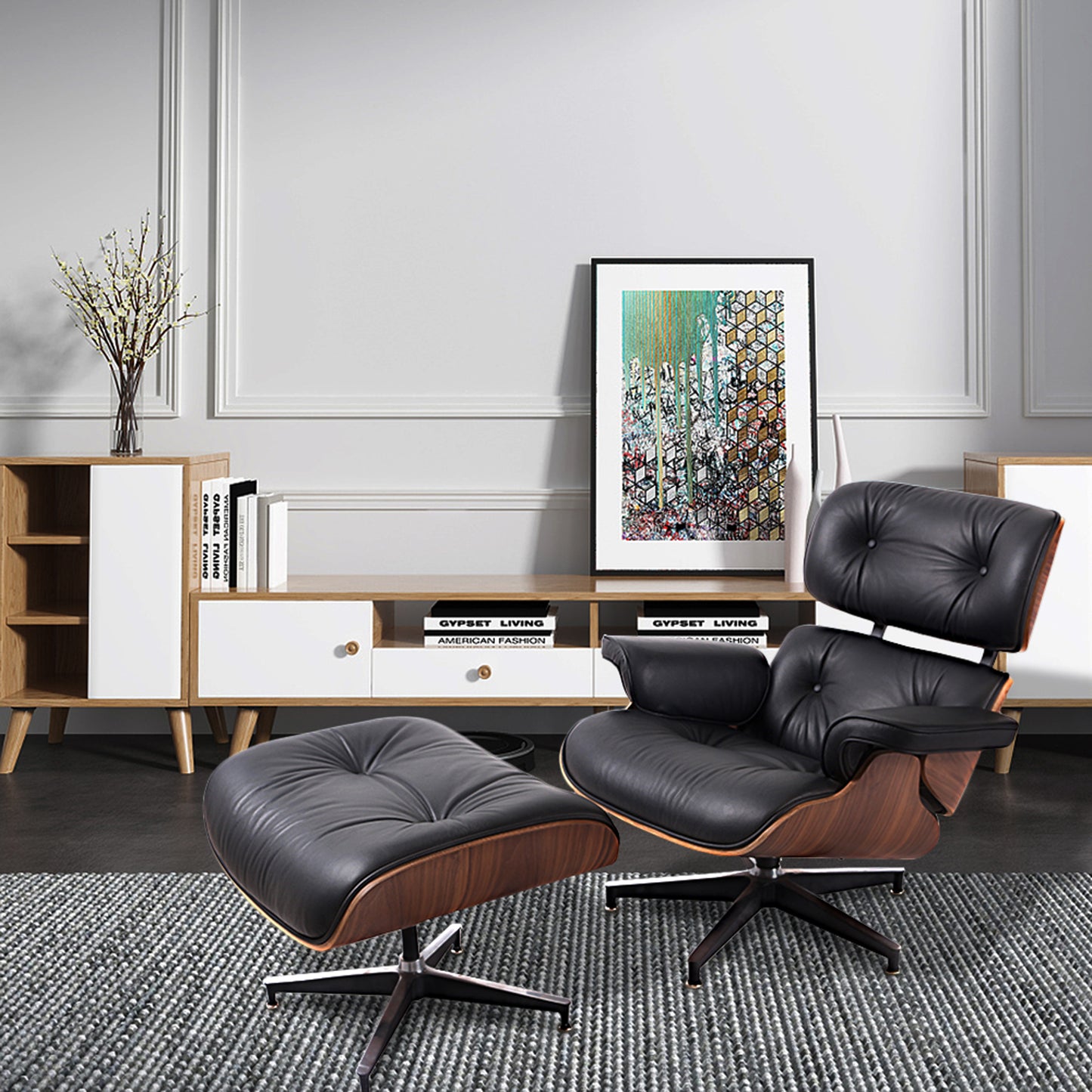 35" Black Tufted Leather And Brown Swivel Lounge Chair with Ottoman