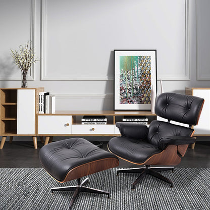 35" Black and Brown Genuine Leather Tufted Swivel Lounge Chair With Ottoman HomeRoots