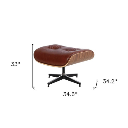 35" Brown Genuine Leather Tufted Swivel Lounge Chair With Ottoman HomeRoots
