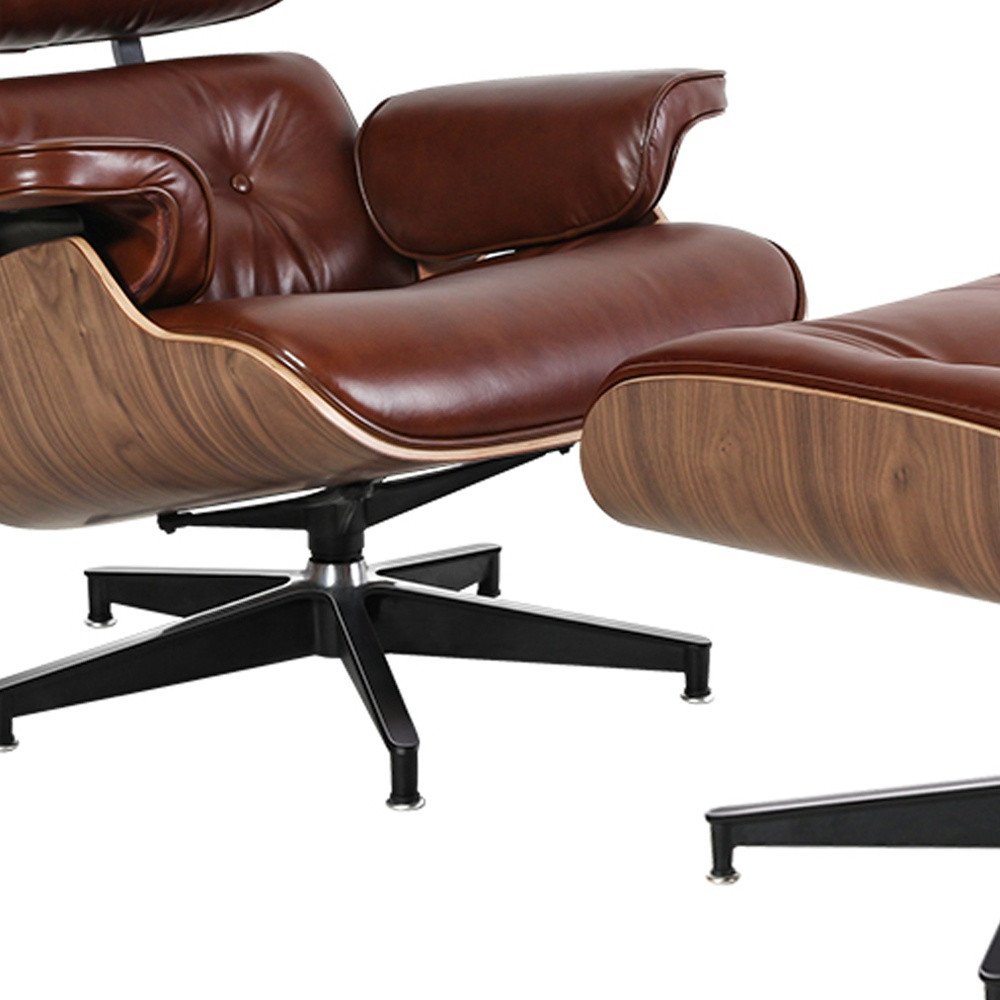 35" Brown Genuine Leather Tufted Swivel Lounge Chair With Ottoman HomeRoots