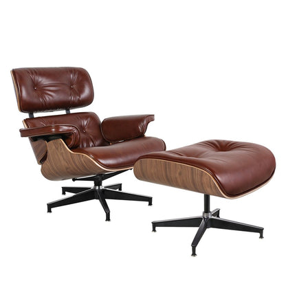35" Brown Genuine Leather Tufted Swivel Lounge Chair With Ottoman HomeRoots