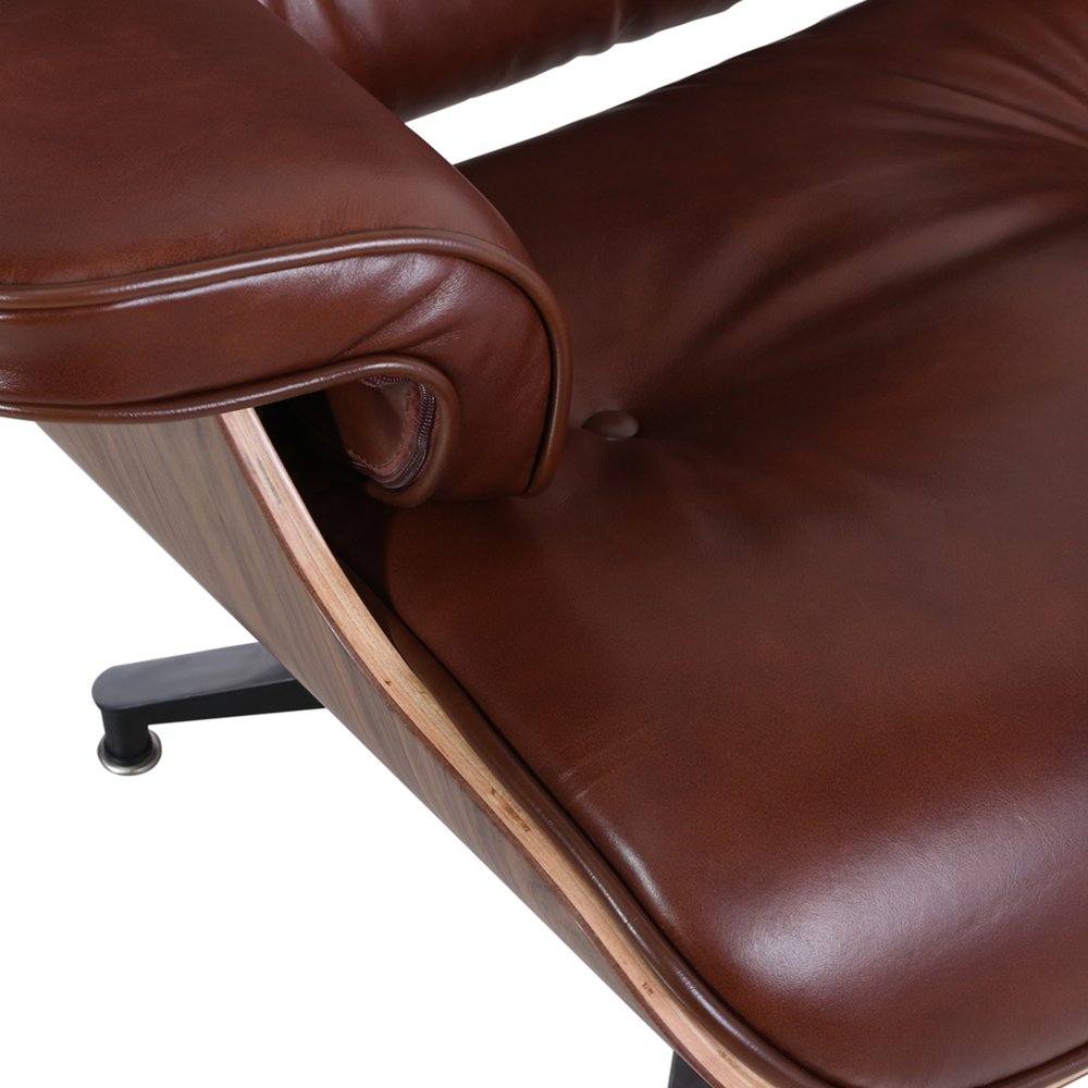 35" Brown Genuine Leather Tufted Swivel Lounge Chair With Ottoman HomeRoots