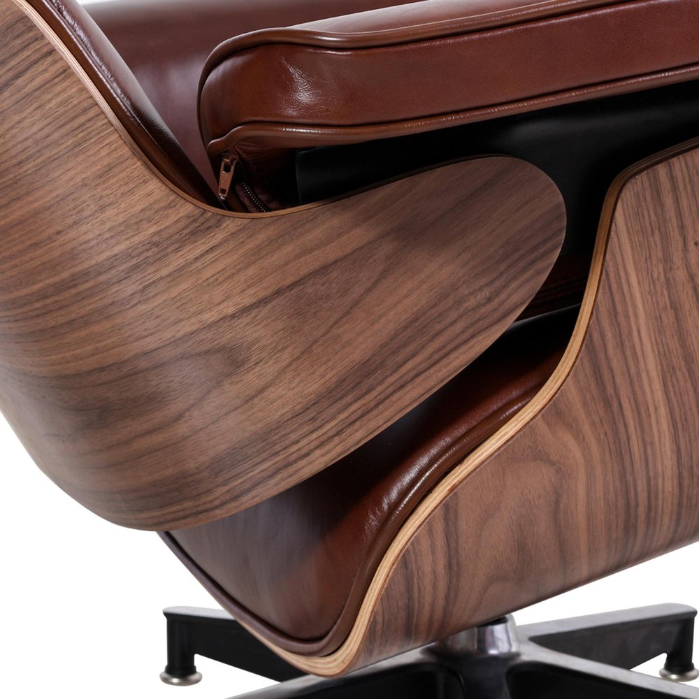 35" Brown Genuine Leather Tufted Swivel Lounge Chair With Ottoman HomeRoots