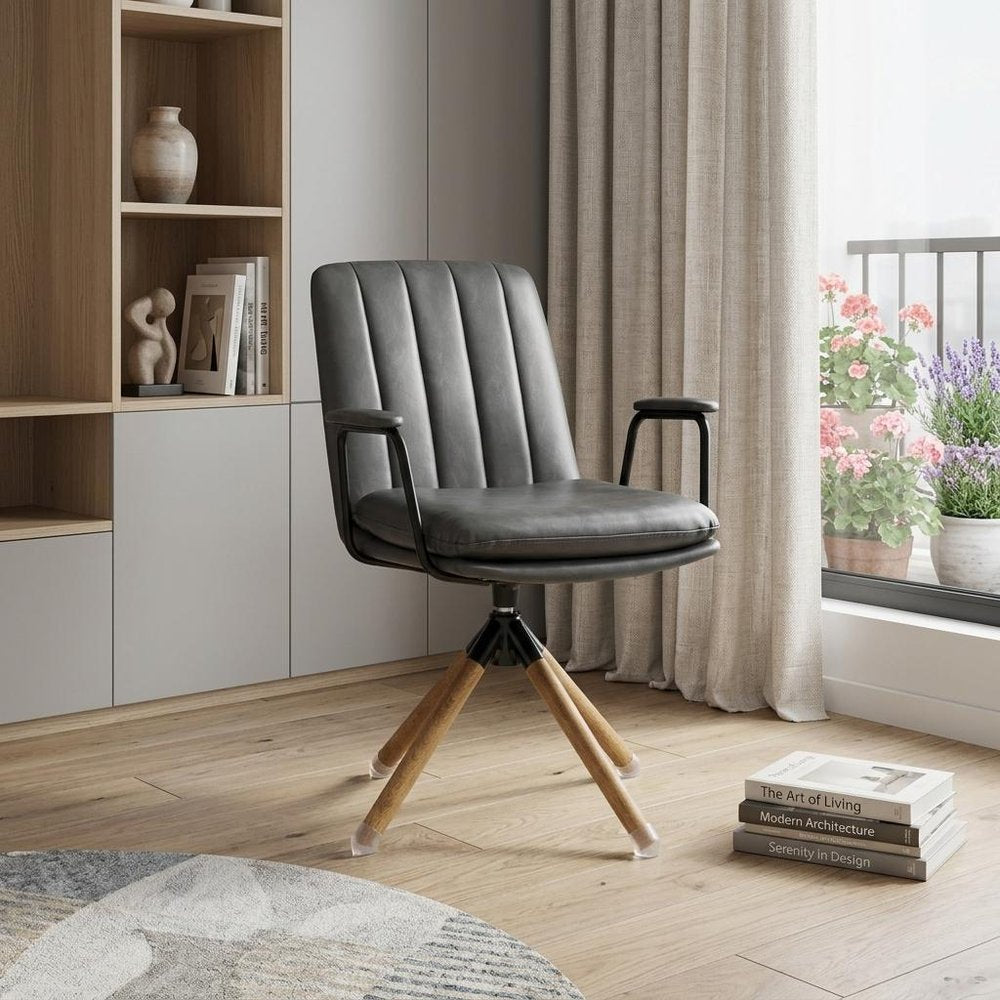 23" Gray And Natural Faux Leather Swivel Arm Chair HomeRoots