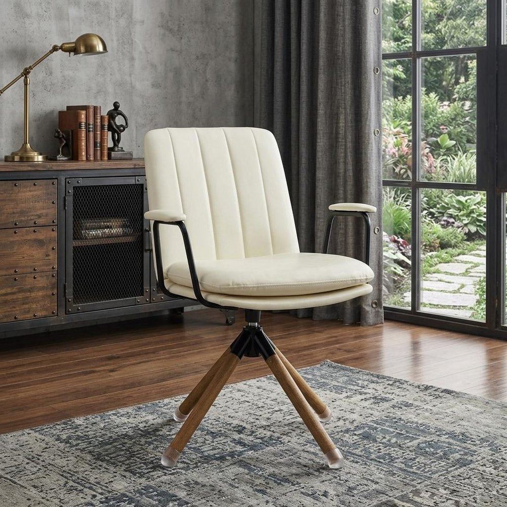 23" Off White Faux Leather And Brown Swivel Arm Chair HomeRoots
