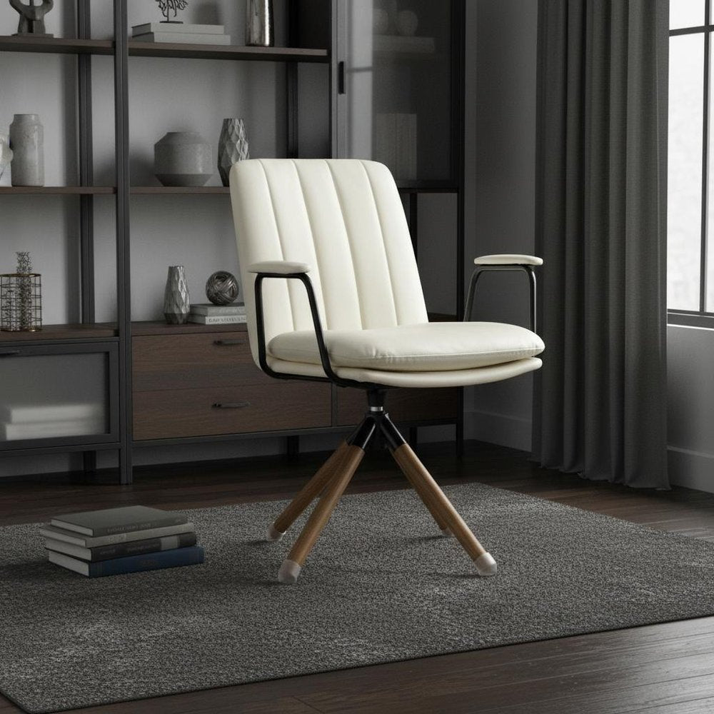 23" Off White Faux Leather And Brown Swivel Arm Chair HomeRoots