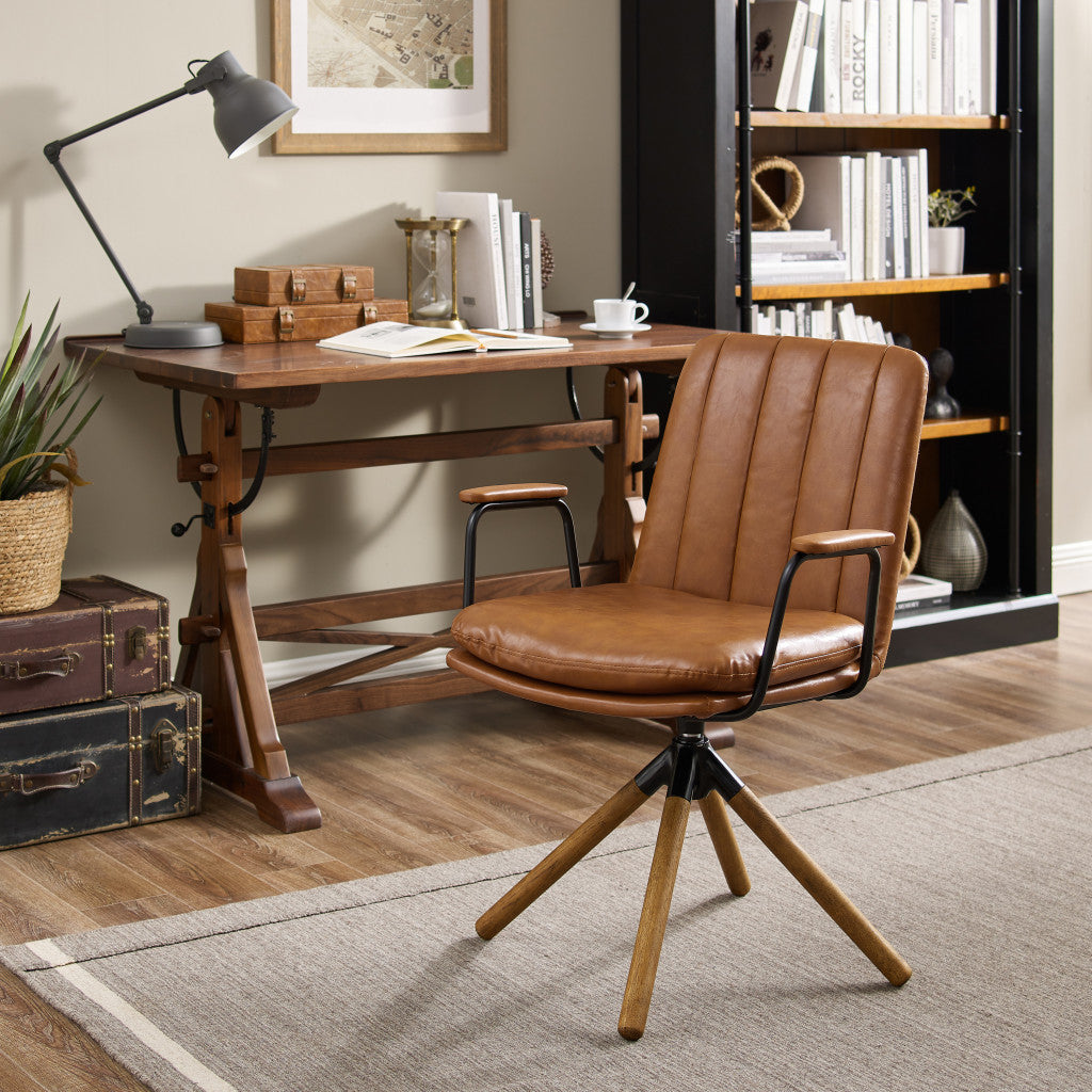 23" Carmel Brown Faux Leather Swivel Arm Chair - FurniFindUSA