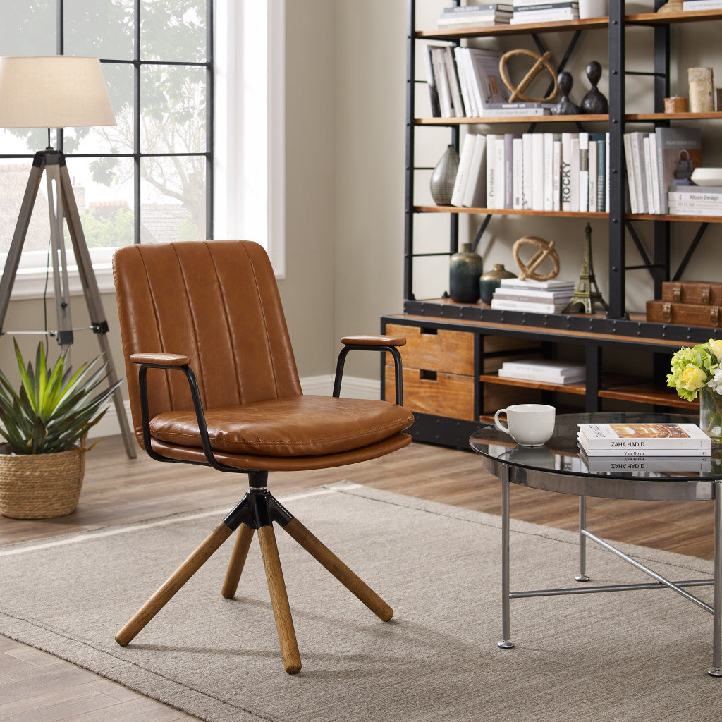 23" Carmel Brown Faux Leather Swivel Arm Chair - FurniFindUSA